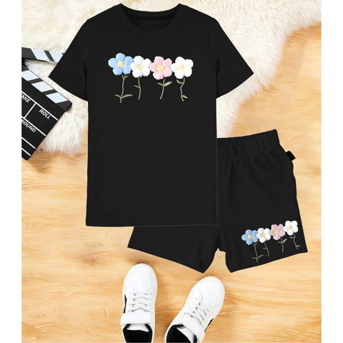 Flowers Printed  Black Set for girls