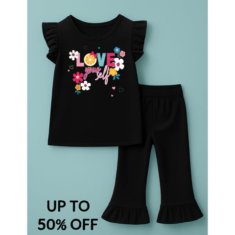 Love your self black Floral T-shirt & Trouser set